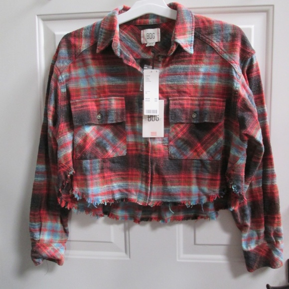 BDG Tops - BDG Urban Outfitter RED plaid flannel long sleeves crop BUTTON DOWN shirt Sz XS